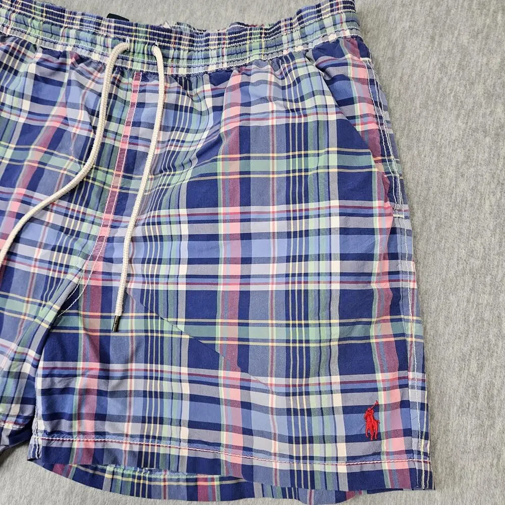 Polo Ralph Lauren Swim Shorts Mens L Blue Plaid Lined Drawstring Back Pocket